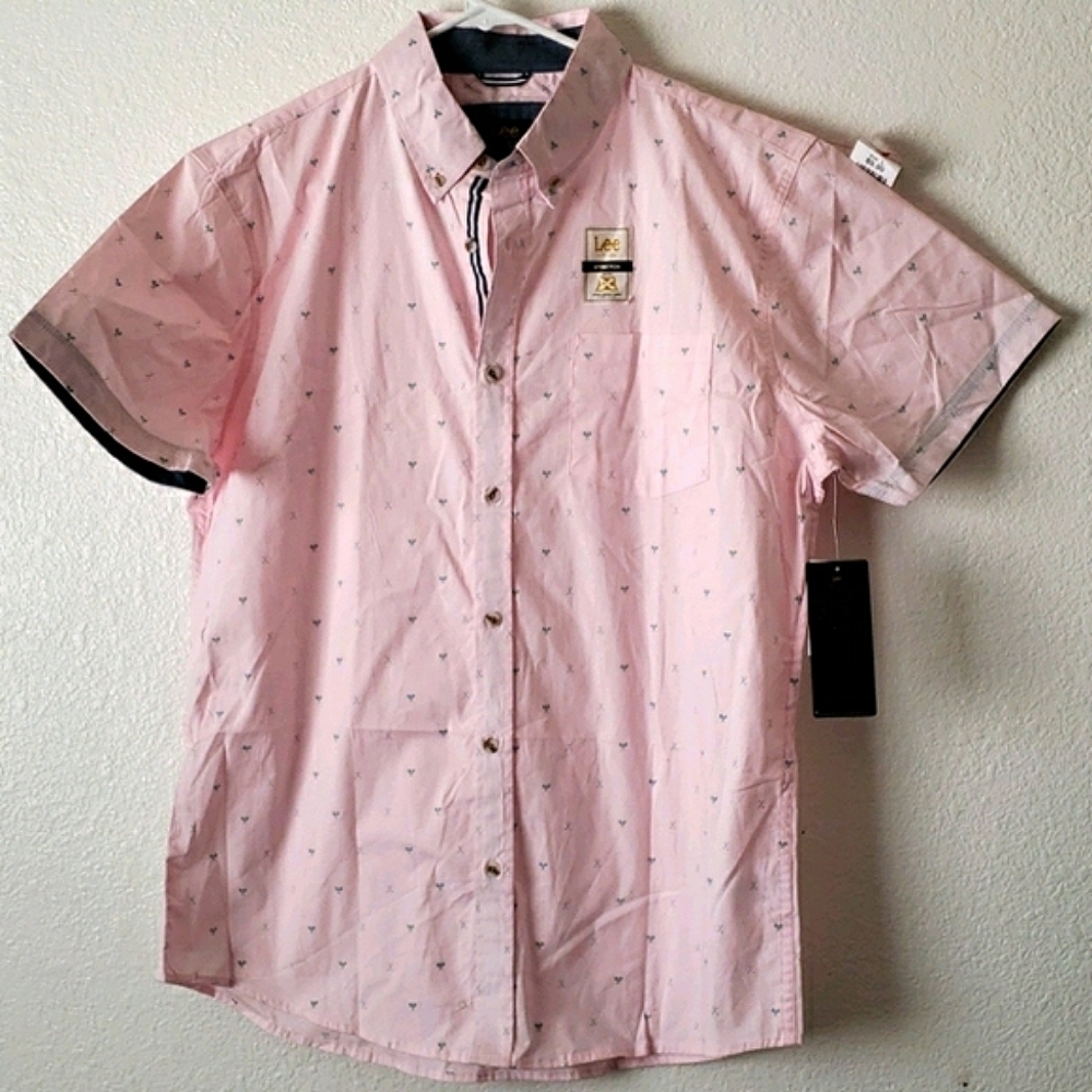 Lee Pink Button Down Shirt with Green Golf Clubs & Tennis Rackets Size L